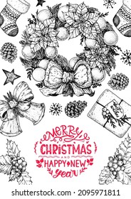 Christmas greeting card. Illustration for a festive Christmas mood. Hand drawn sketch. Vintage design elements. Vector illustration. Invitation design template. Sketch collection.