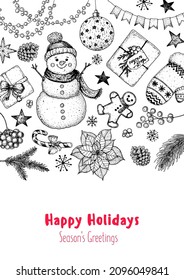 Christmas greeting card. Illustration for a festive Christmas mood. Hand drawn sketch. Vintage design elements. Vector illustration. Invitation design template. Sketch collection.