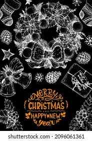Christmas greeting card. Illustration for a festive Christmas mood. Hand drawn sketch. Vintage design elements. Vector illustration. Invitation design template. Sketch collection.
