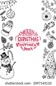 Christmas greeting card. Illustration for a festive Christmas mood. Hand drawn sketch. Vintage design elements. Vector illustration. Invitation design template. Sketch collection.