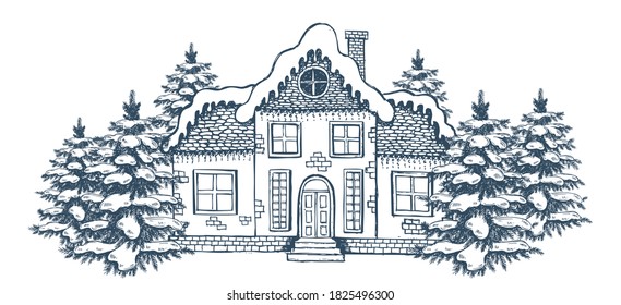 Christmas Greeting card. Illustration of houses. Set of hand drawn buildings.