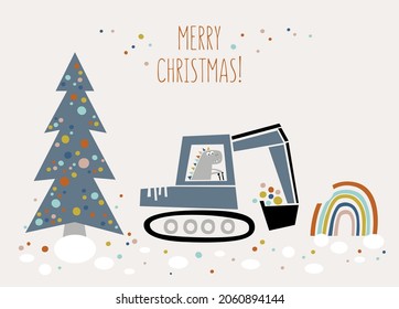 Christmas greeting card.
Illustration of the process of decoration Christmas tree by dinosaur on the excavator