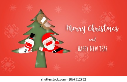 Christmas greeting card. Illustration of Santa claus, snowman and reindeer wearing face mask behind the tree on red background. 