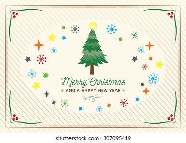 Christmas greeting card illustration with text. Vector Christmas tree and colourful snowflakes in a holiday decorative frame. Merry Christmas and Happy new year greeting.