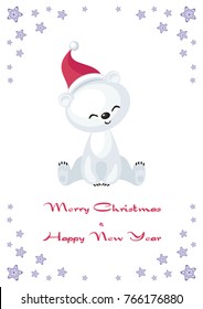 Christmas greeting card with the image of the cute polar bear cub. Vector illustration.