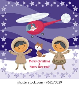 Christmas greeting card with the image of the Eskimo people and Santa Claus. Vector illustration.
