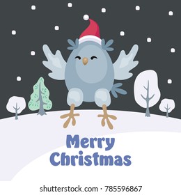 Christmas greeting card with the image of funny owls. Full color vector illustration.