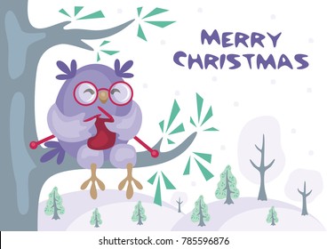 Christmas greeting card with the image of funny owls. Full color vector illustration.