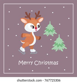 Christmas greeting card with the image of the little cute deer. Vector illustration.