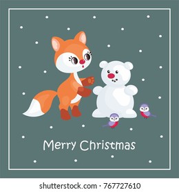 Christmas greeting card with the image of the little cute fox. Vector illustration.