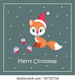 Christmas greeting card with the image of the little cute fox. Vector illustration.