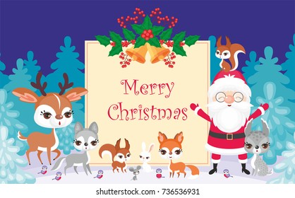 Christmas greeting card with the image of Santa Claus and woodland animals. Vector background.