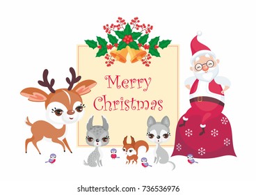 Christmas greeting card with the image of Santa Claus and woodland animals. Vector background.