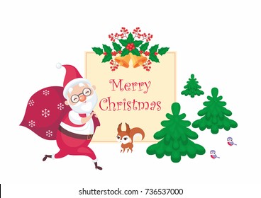 Christmas greeting card with the image of Santa Claus and woodland animals. Vector background.