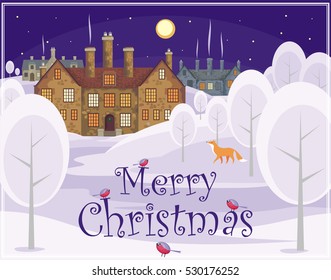 Christmas greeting card with the image of wild animals and small English villages with old stone houses. Winter landscape. Vector illustration.