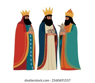 Christmas greeting card, invitation. Biblical Three kings Caspar, Melchior, Balthazar bringing gifts isolated on background. Dia de Reyes holiday. Happy epiphany. Vector illustration. Christianity 