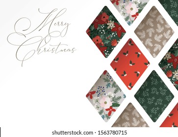 Christmas greeting card, invitation. Close-up of colorful winter patterns through paper cut geometric ornament. Festive vector illustration bacground, web banner. Modern 3D design.