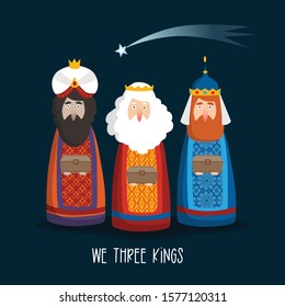 Christmas greeting card, invitation. Cute three magi bringing gifts. Biblical kings Caspar, Melchior, Balthazar and comet. Falling star at night. Cartoon vector illustration background, web banner. 