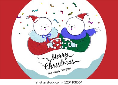 Christmas greeting card or invitation design. Vector illustration with a couple of Bichon frise dogs in Christmas concept design.
