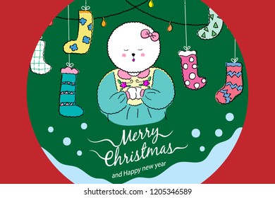 Christmas greeting card or invitation design. Vector illustration with Bichon frise dog in Christmas concept design.