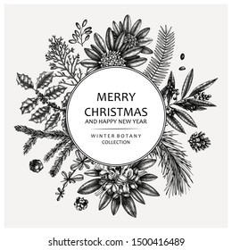 Christmas greeting card or invitation design. Vector wreath with hand drawn conifers and evergreen plants. Vintage background trees, shrubs, flowers, leaves, berries and cones illustration