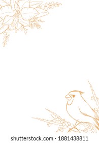 Christmas greeting card or invitation design. Vector frame with hand drawn poinsettia and cardinal bird. Winter photo frame