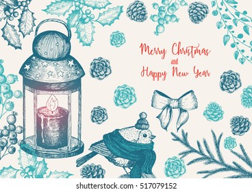 Christmas greeting card or invitation design. Vintage background with candle lamp, needles, cones, fir and bird. Xmas cute bird dressed in scarf and cap. Linear graphic. New year vector illustration.