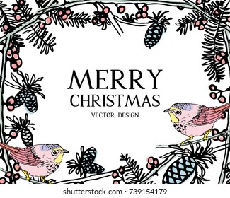 Christmas greeting card or invitation design. Vector frame with hand drawn Christmas forest animal sketch. Vintage background with pine, spruce, berries, fir, and birds illustration.