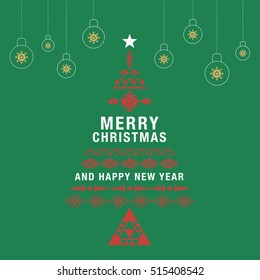 Christmas greeting card or invitation green background. with holiday ornament bauble decoration. Ethnic boho design.Vector illustration.