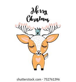 Christmas greeting card or invitation in a hand-drawn style. New Year's cute deer.