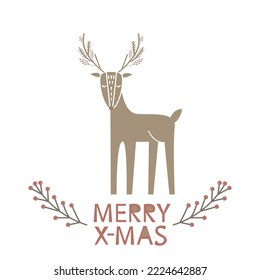 Christmas greeting card and invitation isolated on background. Vector with scandinavian ornaments and deers hand drawn designs. Vector elements for Xmas