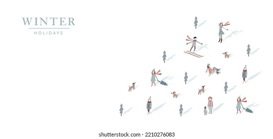 Christmas greeting card, invitation. People walking, skiing, skating together. Hand drawn characters, Christmas trees, dogs isolated on white background. Winter sports. Vector holiday, web banner.