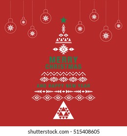 Christmas greeting card or invitation red background. with holiday ornament bauble decoration. Ethnic boho design.Vector illustration.