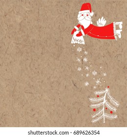 Christmas greeting card or invitation with Santa Claus on craft paper. Vector cartoon illustration with place for text.