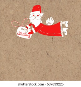 Christmas greeting card or invitation with Santa Claus on kraft paper. Vector cartoon illustration with place for text.