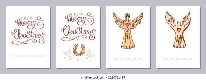 Christmas greeting card or invitation set A6 size. Template with traditional festive elements. Calligraphy phrase Merry Christmas. Isolated on white background. Vector color illustration.