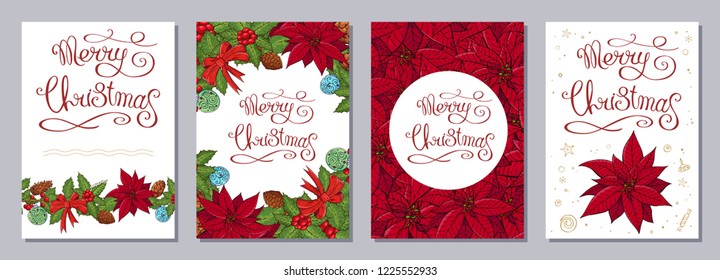 Christmas greeting card or invitation set A6 size. Template with traditional festive elements. Calligraphy phrase Merry Christmas. Isolated on white background. Vector color illustration.