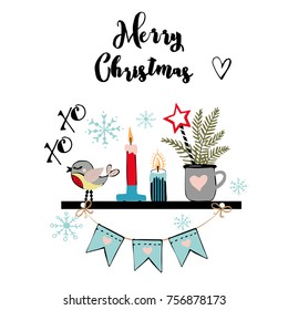 Christmas greeting card or invitation in the style of handmade. Decoration of the shelf. Christmas tree branches, flags, a bird, candles and snowflakes.
