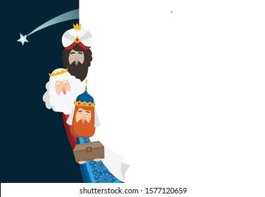 Christmas greeting card, invitation. Three magi bringing gifts. Biblical kings Caspar, Melchior, Balthazar and comet. Falling star. Vector illustration background. Blank paper bannner, copy space.