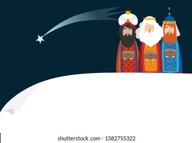 Christmas greeting card, invitation. Three magi bringing gifts. Biblical kings Caspar, Melchior, Balthazar and comet. Falling star. Vector illustration background. Blank paper bannner, copy space.