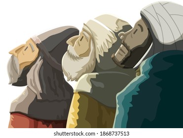 Christmas greeting card, invitation. Three magi bringing gifts. Biblical kings Caspar, Melchior, Balthazar and comet. Falling star. Vector illustration background. 