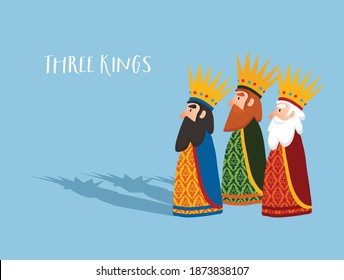 Christmas greeting card, invitation. Three old wise men, kings with crowns and shadows. Biblical magi Caspar, Melchior and  Balthazar. Flat design, vector illustration background, web bannner.