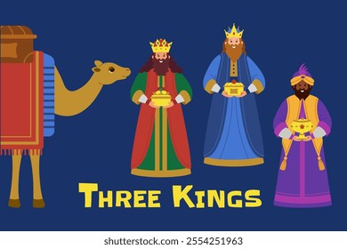 Christmas greeting card, invitation. Three magi bringing gifts. Biblical kings Caspar, Melchior, Balthazar.Happy Tree Kings Day.Epiphani.Vector illustration