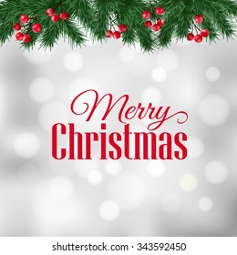 Christmas Greeting Card, Invitation With Christmas Tree Branches And Holly Berries Border, Blurred Background, Vector Illustration