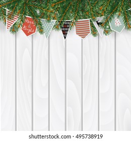 Christmas greeting card, invitation, web banner with traditional decorations. Fir, spruce evergreen branches, string of paper flags, bunting, old white wooden background. Vector illustration.