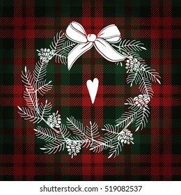 Christmas greeting card, invitation. White Christmas wreath made of pine branches and cones. Tartan checkered plaid, vector illustration background.