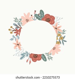 Christmas greeting card, invitation. Winter, summer floral frame, wreath made of poinsettia, flowers. Roses, berries and fir tree branches. Empty copy space. Hand drawn vector illustration background.
