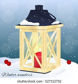 Christmas greeting card or invitation. Winter scene, wooden lantern with candle on snow in cartoon style. Vector illustration. NY Collection.