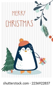 Christmas greeting card or invitation with wreath, penguin and hand written text Merry Christmas. Vector illustration of printable Christmas poster, bunner, cover