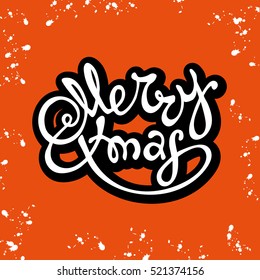 Christmas greeting card. Isolated lettering element in the form of calligraphy congratulations on orange background with dots. Marry Xmas. 